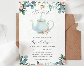 May include: A baby shower invitation with a watercolor illustration of a teapot and floral accents. The invitation reads "Time for tea" and includes the name "April Rogers" and details for the event.