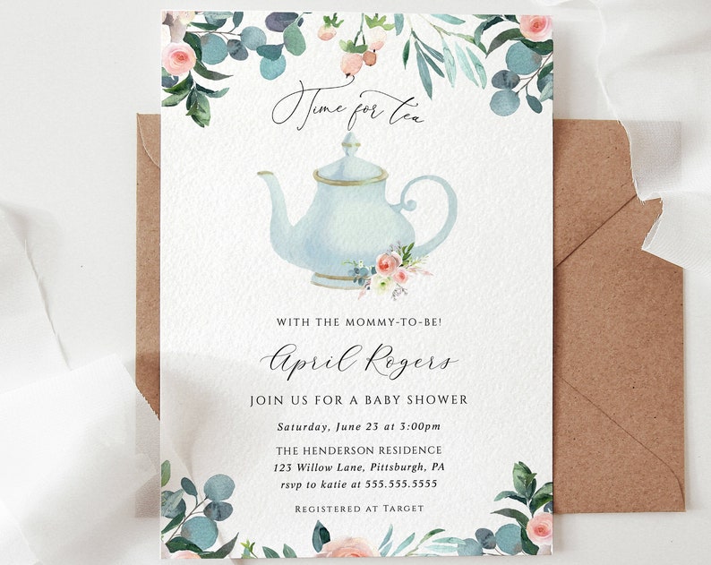 Tea Party Baby Shower invitation Template Time for Tea Mommy to Be INSTANT DOWNLOAD 100 Editable Text Templett Printable