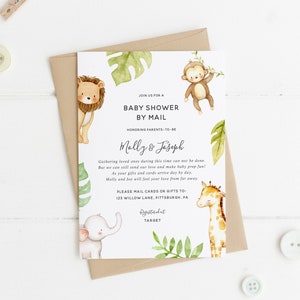 Jungle Baby Shower by Mail Invitation, Long Distance Shower, jungle animals, Printable Template, INSTANT DOWNLOAD