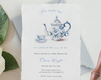 Invito per baby shower con tè floreale blu (modello stampabile)