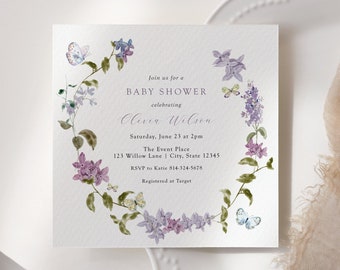 Lilac Butterfly Baby Shower Invitation Template (DIY, Templett)