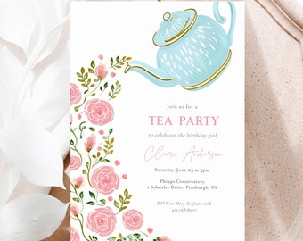 Tea Party Birthday Invitation, Pink Roses and Teal Blue Teapot, Templett Printable Invite, Edit & Print, Instant Download 5x7 #AP53