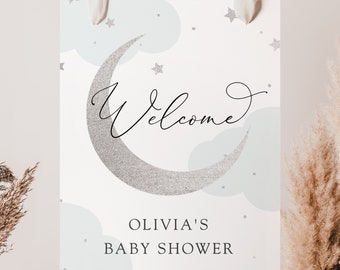 Moon and Stars Shower Welcome Sign, Baby Shower, Blue Clouds, Printable Template, Instant Download #AP3bs_WS
