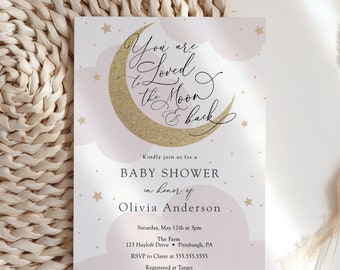 Baby Shower Invitation, You are loved to the Moon and Back, Pink Twinkle Little Star, Printable Template, INSTANT DOWNLOAD #AP3p_BB