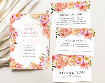 Citrus and Pink Floral Baby Shower Invitation BUNDLE. Printable Template, Instant Download