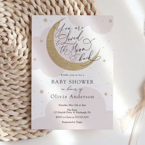 Invito per baby shower, "Sei amato fino alla luna e ritorno", Stellina rosa scintillante, modello stampabile, DOWNLOAD IMMEDIATO #AP3p_BB