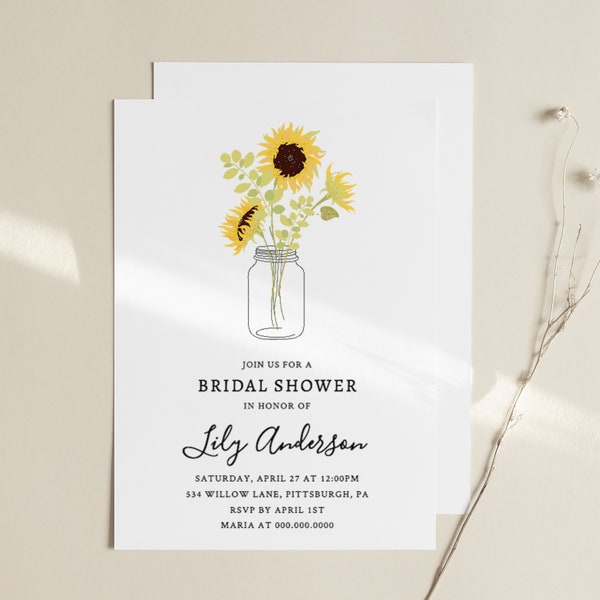 Bridal Shower invitation Template, INSTANT DOWNLOAD, 100% Editable Text, Templett, Printable, Sunflowers in Mason Jar #003_BS2