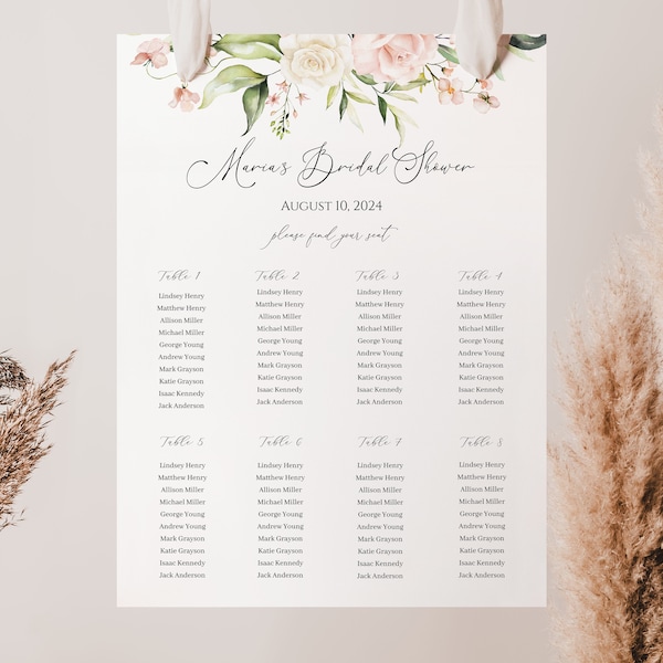 Blush Floral and Greenery Bridal Shower Seating Chart Welcome Sign, Instant download template