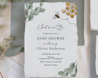 Invitation de baby shower abeille dorée : modèle d&#39;eucalyptus (TÉLÉCHARGEMENT IMMÉDIAT)