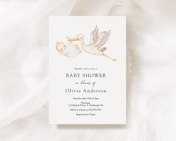 Stork Baby Shower Invitation Stork With Baby in White Blanket