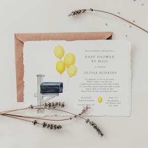 Invitación para baby shower por correo: Globos amarillos, género neutro (descarga instantánea)