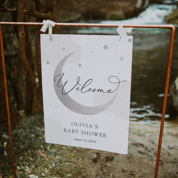 Moon and Stars Shower Welcome Sign, Baby Shower, Gray Clouds, Silver Moon, Printable Template, Instant Download #AP3sg