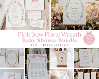 Pink Bow Wildflower Wreath Baby Shower Bundle | Editable Invitations, Signs & Games | Instant Download Printables