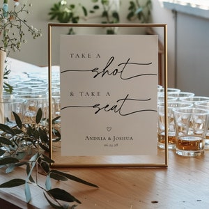 Take a Shot and Take a Seat Sign, Take a Drink Seating Sign Download, Take A Shot Sign, Modern Minimalist Wedding Sign, Editable Template