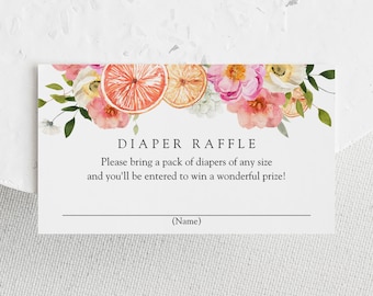 Baby Shower Diaper Raffle Insert Card, Orange Citrus and Pink Floral Baby Shower Diaper Request. Printable Template, Instant Download