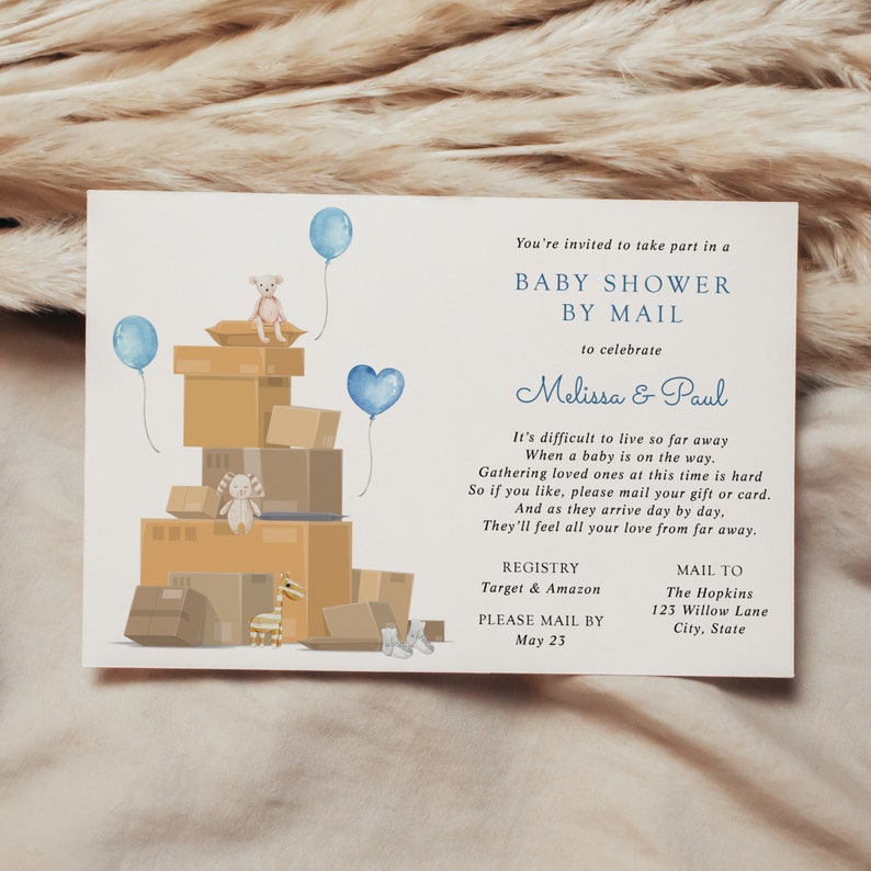 Baby Shower by Mail Invitation Baby Boy Blue Balloons Long Etsy