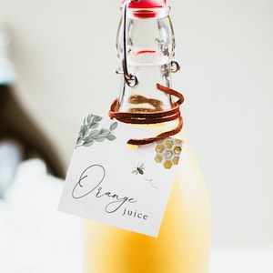 Juice Tag, Mimosa Bar, Drink Table Tags, Food Tags, Golden Bee and Eucalyptus, Template, Instant Download #AP10_BBG