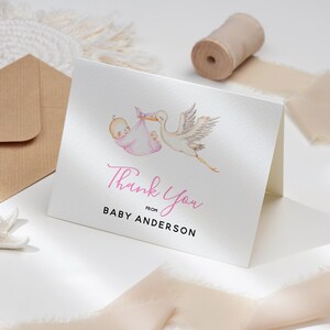 Baby Girl Shower Thank You Card, Printable Pink Stork Thank You Template, Folded or Flat, INSTANT DOWNLOAD