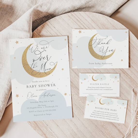 Over the Moon Baby Shower Invitation Set, Baby Boy Printable Invite Set with Diaper and Books Inserts and Thank You Card, Digital Download