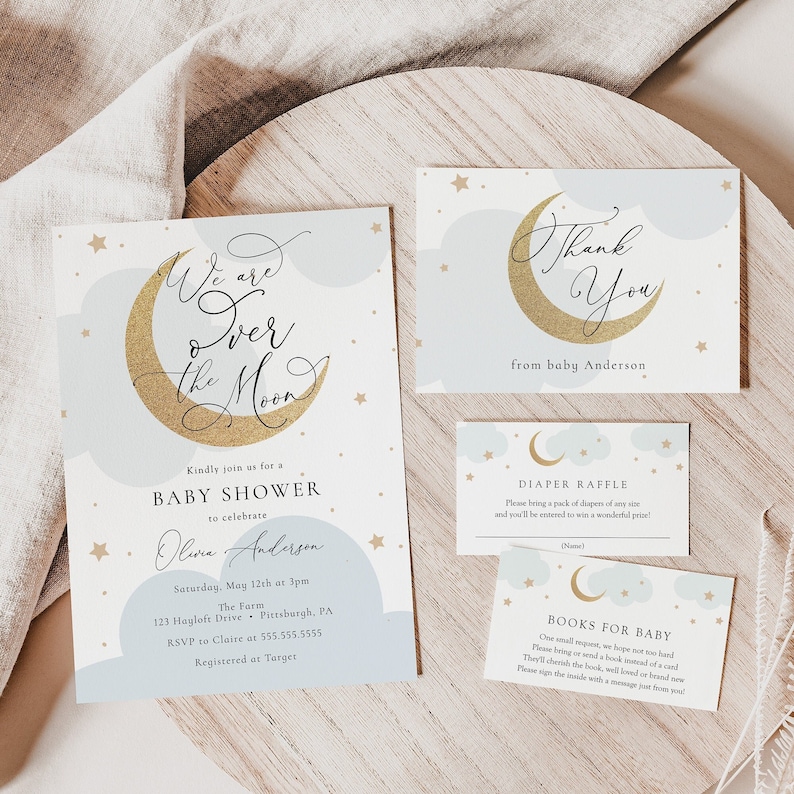 Over the Moon Baby Shower Invitation Set, Baby Boy Printable Invite Set with Diaper and Books Inserts and Thank You Card, Digital Download image 1