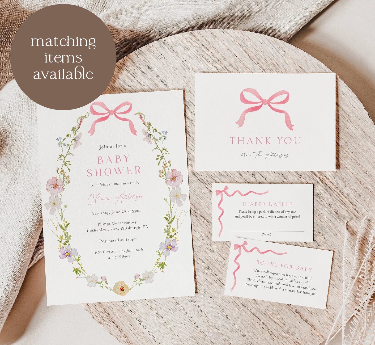 Pink Bow Baby Girl Shower Thank You Card Template, Templett Printable ...