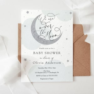 We are over the Moon Baby Shower Invitation, Blue Twinkle Little Star, Silver Moon, Printable Template, INSTANT DOWNLOAD #AP3bs_BB