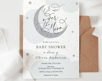 We are over the Moon Baby Shower Invitation, Blue Twinkle Little Star, Silver Moon, Printable Template, INSTANT DOWNLOAD #AP3bs_BB