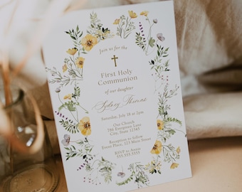 First Communion Printable Invitation, Delicate Yellow Wildflowers, Printable Template, INSTANT DOWNLOAD