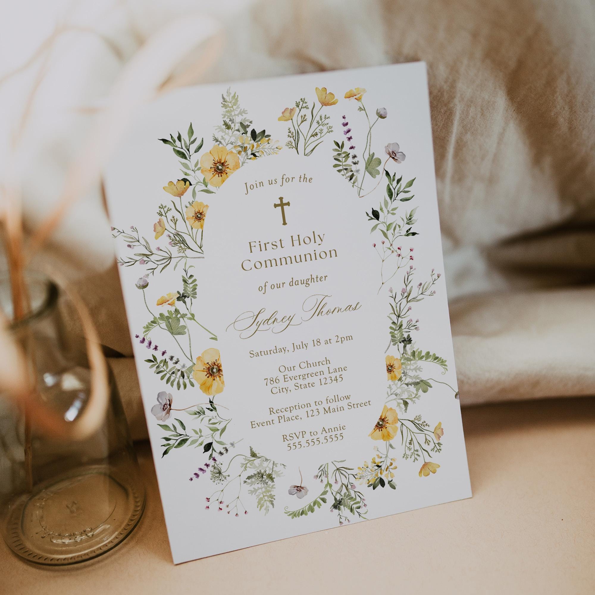 First Communion Printable Invitation, Delicate Yellow Wildflowers ...