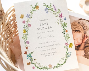 Wildflower Baby Shower Invitation Template, Printable Floral Baby Shower Invite, Editable Garden Baby Shower Invitation, Template