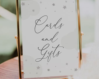 Baby Shower Cards and Gifts Sign: Gray Clouds, Silver Stars (Printable Instant Download)