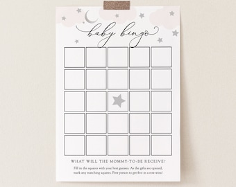 Over the Moon Baby Bingo Game Printable card, Pink Clouds Silver Moon and Stars, Template, Instant Download #AP3ps_BBG