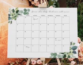 Juego de baby shower con temática de eucalipto: Calendario para adivinar la fecha de parto (Descarga instantánea)