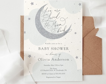 You are Loved to the Moon and Back Baby Shower Invitation, Twinkle Little Star, Silver Moon, Printable Template, INSTANT DOWNLOAD #AP3bs_BB