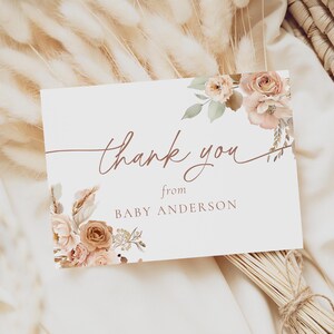 Tarjeta de agradecimiento para baby shower con diseño de hierba de la pampa boho, plantilla imprimible de agradecimiento para bebé con diseño neutro de estilo bohemio, DESCARGA INSTANTÁNEA