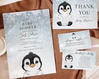 May include: Baby shower invitation and thank you cards featuring a cute penguin illustration. The invitation includes details like the date, time, and location. Additional cards include a diaper raffle and books for baby request.
