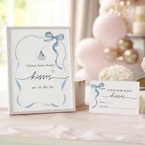 Bordje en kaart raden hoeveel kussen, blauwe strik babyshower, snoep raadspel, instant download, 100% bewerkbare sjabloon