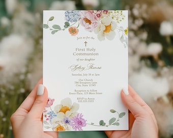 First Holy Communion Printable Invitation, Floral Girl Communion Invite, Religious Event Digital Template, Editable Evite