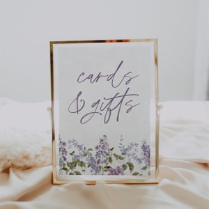 Plantilla de signo de tarjetas y regalos lila púrpura, descarga instantánea de signo de regalo de ducha floral de lavanda, Templett