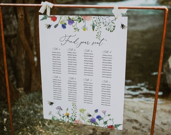 Wildflower Fields and Buzzing Bees Bridal, Baby Shower or Wedding Seating Chart Sign, Printable Template, Instant Download #AP18