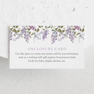Tarjeta de recinto lila púrpura Tempalte, tarjeta de inserción de ducha floral de lavanda DIY, descarga instantánea Templett