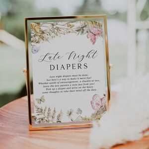 Late Night Diapers Sign, Boho Butterflies, Baby Shower, Printable Instant Download #A29