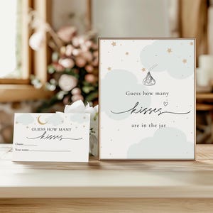 Raad eens hoeveel kussen teken en kaart, over de maan blauwe babyshower, snoep raadspel, instant download, 100% bewerkbare sjabloon
