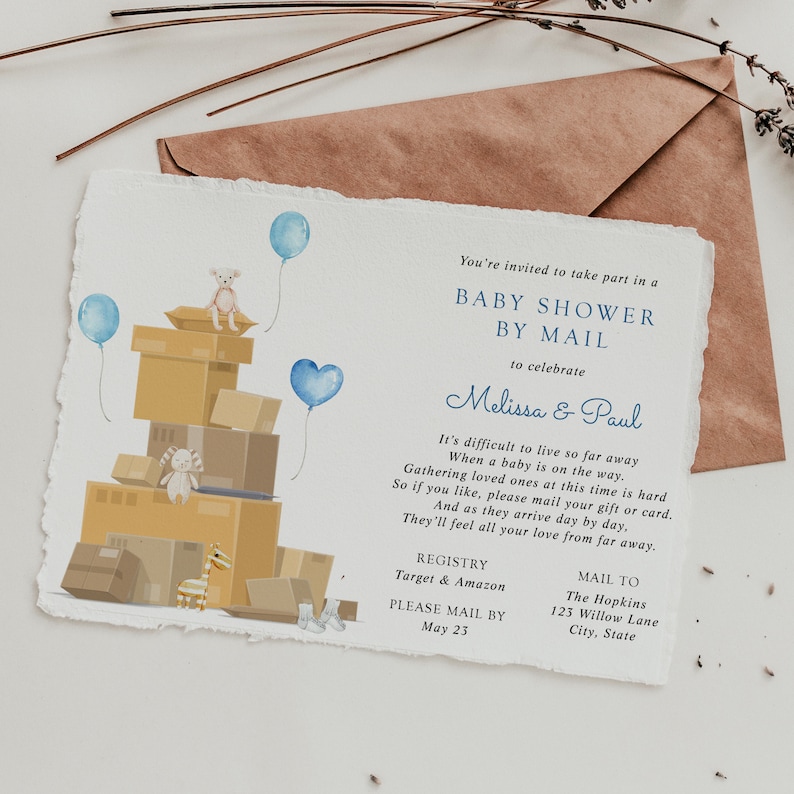 Baby Shower by Mail Invitation Baby Boy Blue Balloons Long Etsy