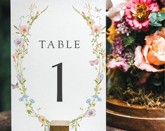 Wildflower Wreath Table Number Sign, Flowers and Butterflies, Wedding Shower Table No. Templett, #AP50