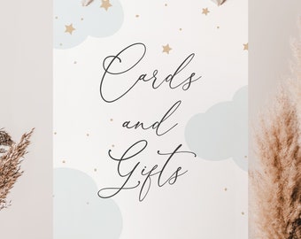 Over the Moon Cards and Gifts, Baby Shower Printable Sign, Blue Clouds and Gold Stars, Printable Instant Download
