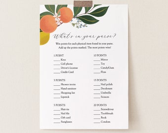 What's in your Purse Bridal Shower Game, Orange Main Squeeze, Printable card template, Instant Download #AP11