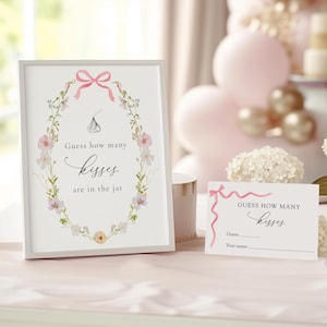 Raad eens hoeveel kussen bord en kaart, babyshower met wilde bloemen roze strik, snoep raadspel, instant download, 100% bewerkbare sjabloon