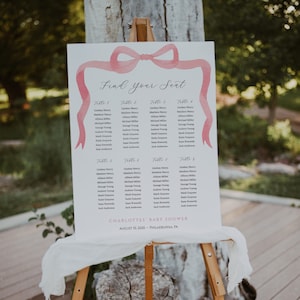 Wildflower babymeisje douche zitplaatsen bord, bloemenkrans met roze strik, afdrukbaar Templett, vandaag bewerken en afdrukken, Instant Download