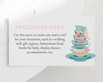 Tea Party Custom Enclosure Card, Pink Roses Teal Blue Teapot, Templett Printable Insert, Edit & Print Today, Instant Download 3.5 x 2 #AP53